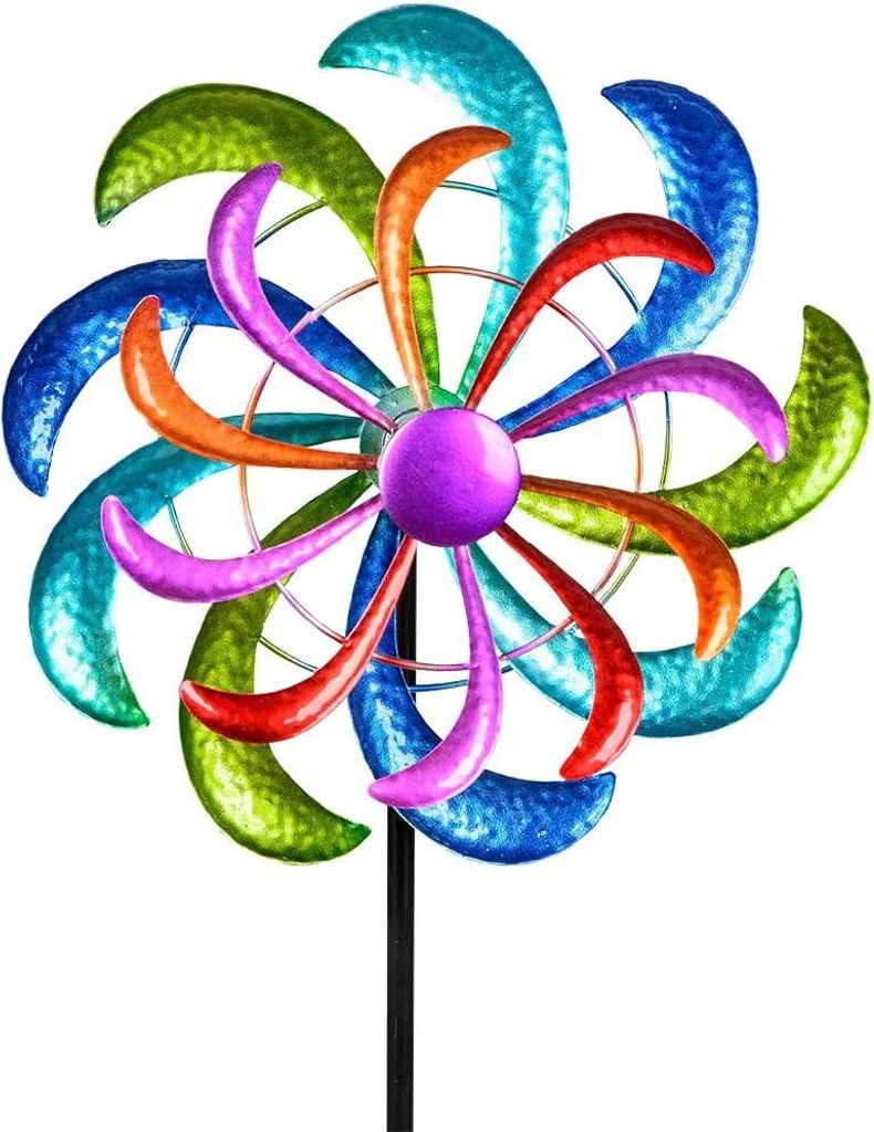 Windmühle 124 x 30 cm Gartenstecker Windspiel Gartendekoration Blumenstecker im bunten Design