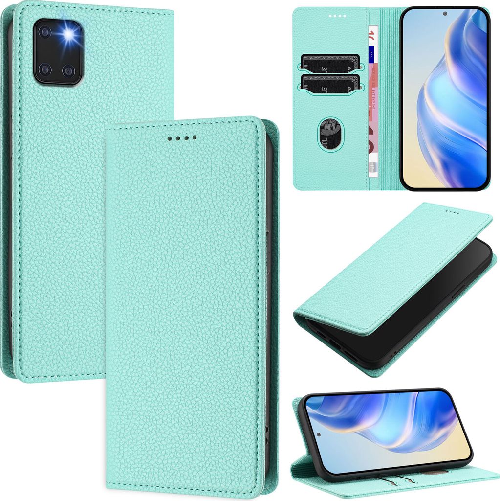 Litchi Leder Handyhülle für Samsung Galaxy Note 10 Lite Wallet Kartenfächer Standfunktion Hülle Türkis