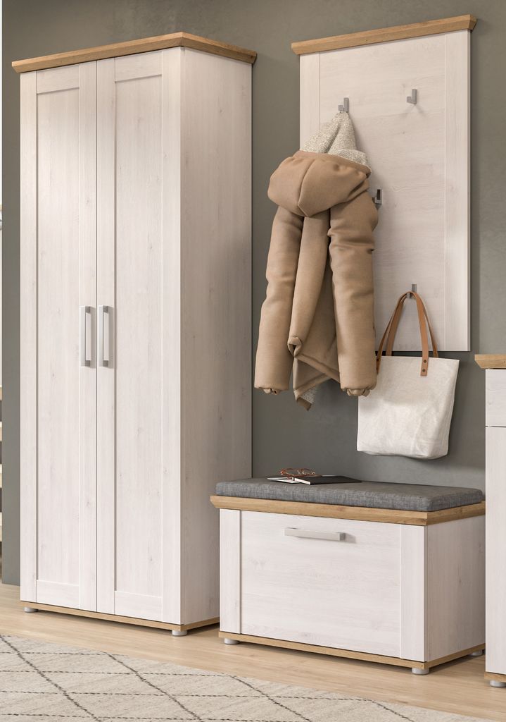 Garderobe Set 3-teilig "Mirano" weiß Lärche Eiche Artisan Landhaus mit Sitzkissen