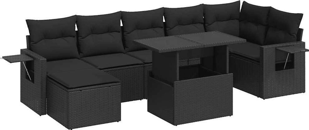 vidaXL 8-tlg. Garten-Sofagarnitur mit Kissen Schwarz Poly Rattan