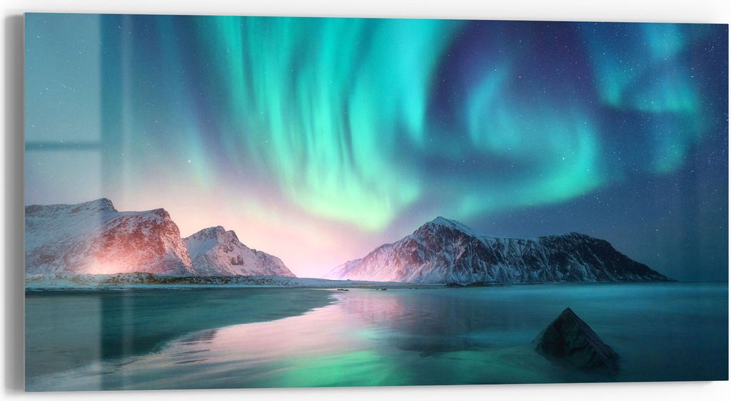 DEQORI Glasbild Echtglas 60x30 cm 'Das Nordlicht der Lofoten' Wandbild Bild modern Deko