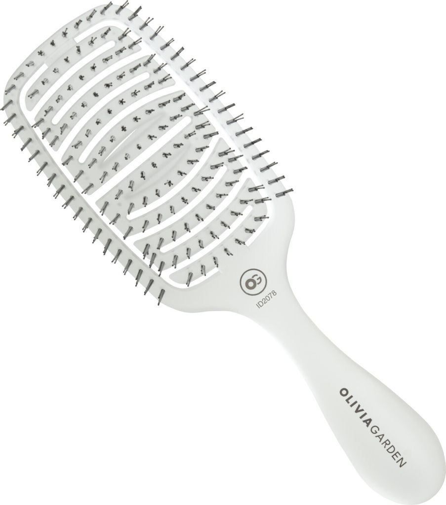 A white hairbrush is shown against a white background.