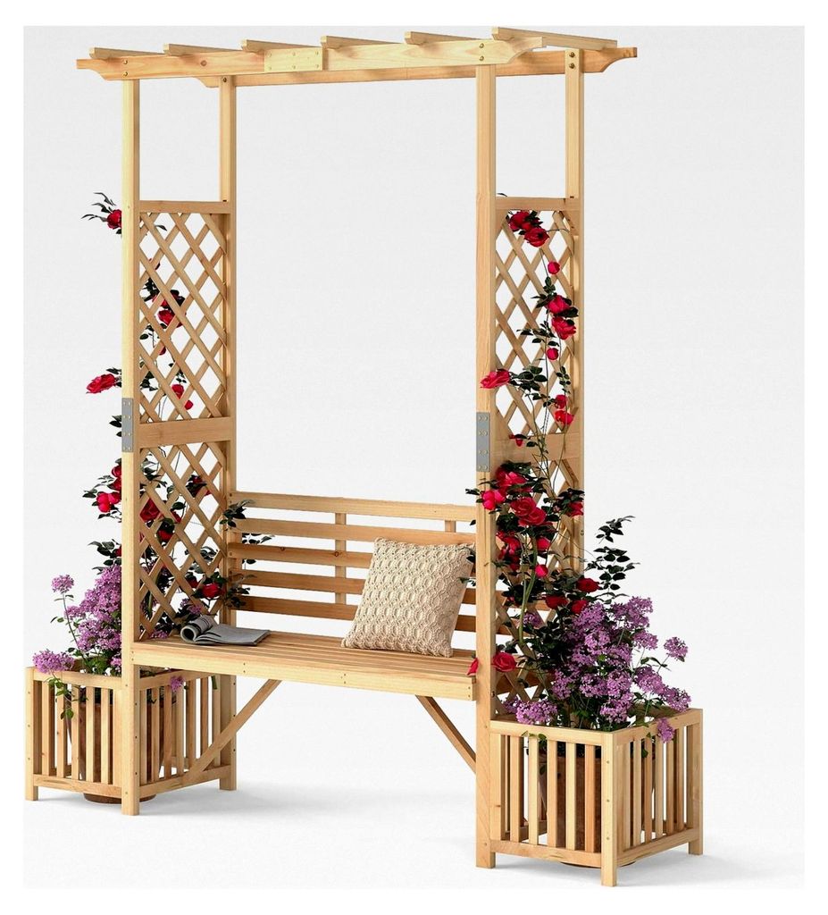 Rosenbogen mit Bank und 2 Pflanzkübeln, Gartenbogen aus Holz, Torbogen für Kletterpflanzen, 2-Sitzer Gartenbank mit Rankhilfe, Sitzbank mit Rankg...