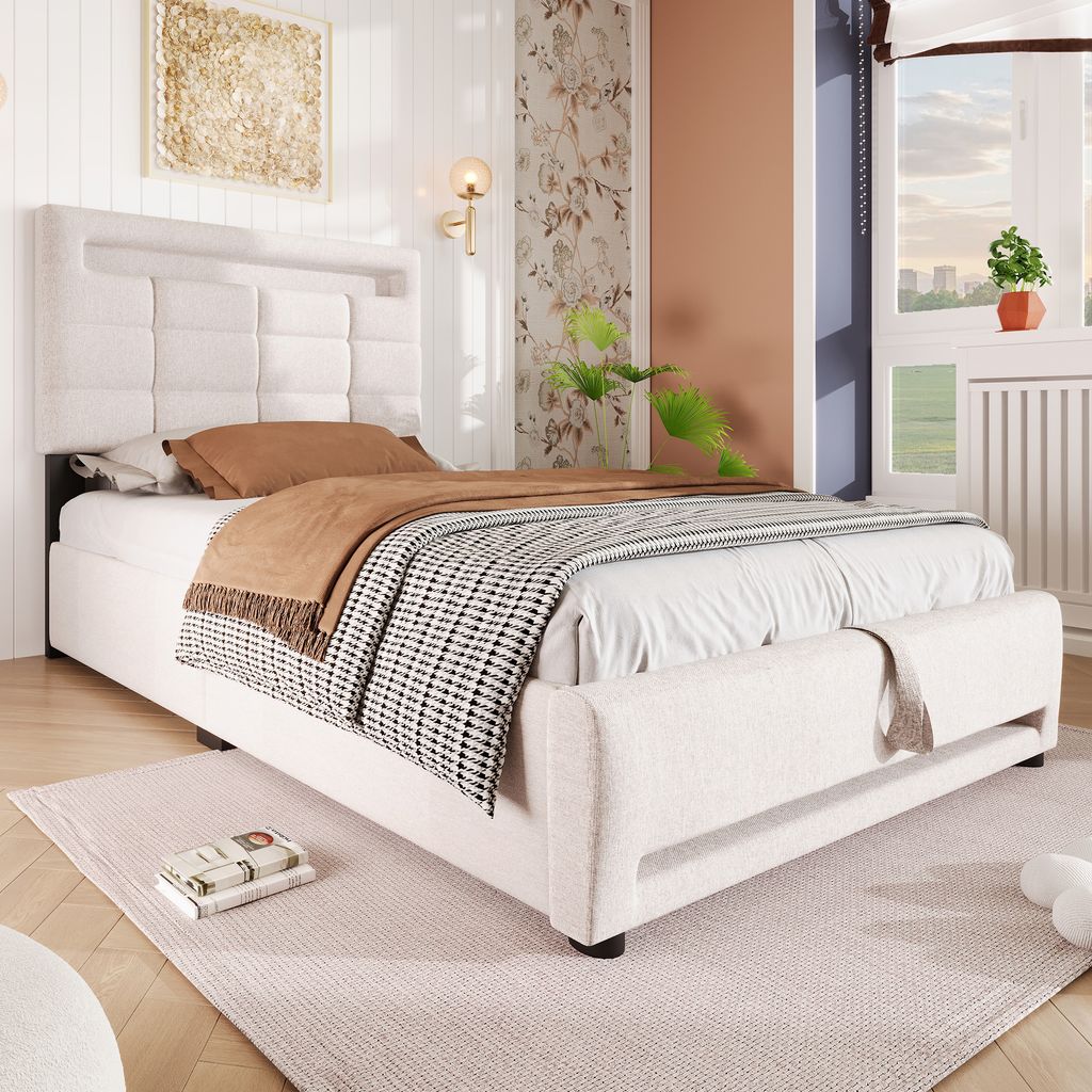 okwish Polsterbett(90×200cm)Einzelbett,Holzbett aus Leinen,Mit USB-Buchse, Mit LED-Licht,ohne Matratze, Beige