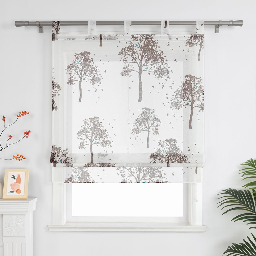 Joyswahl Raffrollo mit Schlaufen Voile Küche Gardinen mit Kaffeebäumen modern Raffgardinen Halbtransparent Weiß BxH 80x140cm
