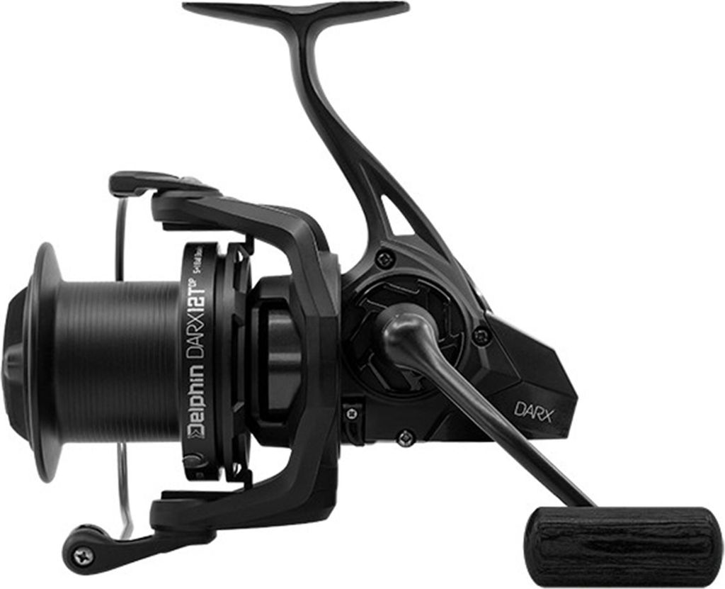 A black fishing reel is shown against a white background.