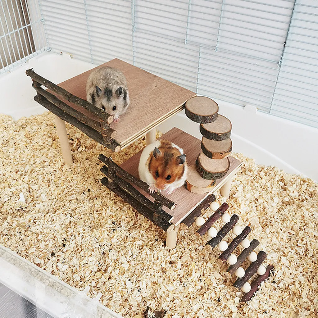 Jouet d'exercice pour hamster avec maisonnette et échelle de bois brut - 4
