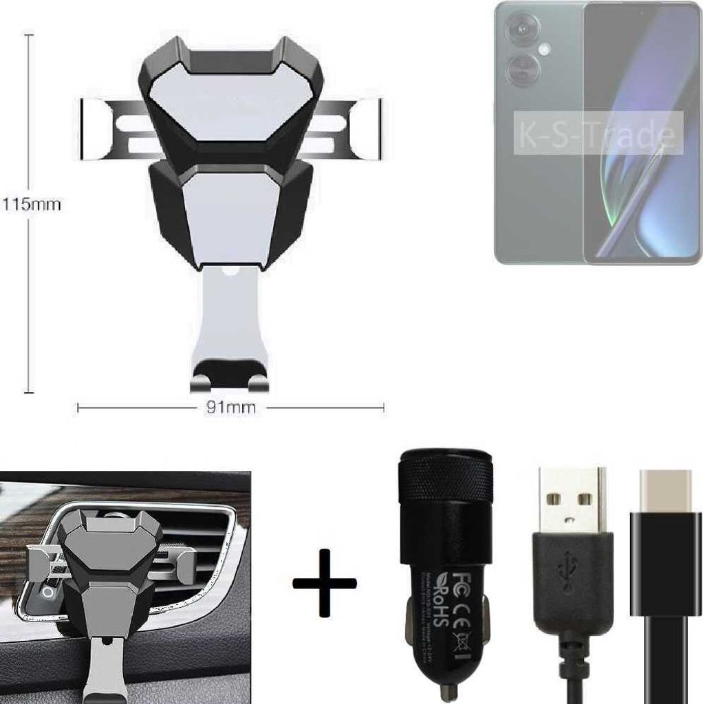 K-S-Trade Lüftungsschlitz Halterung kompatibel mit Oppo K11x Lüftungshalterung Lüftungsgitter schwarz-silber Auto-Halterung Smartphone Halter