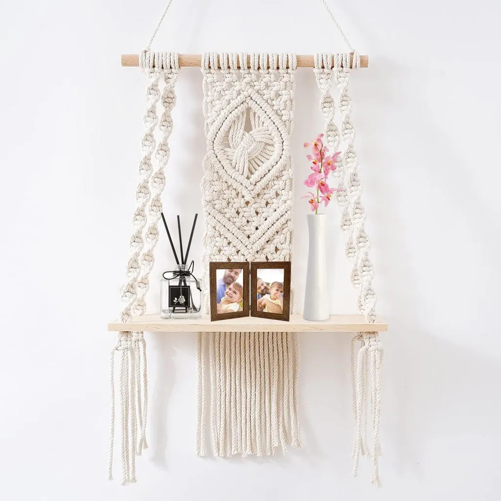 Étagère Murale Bohème Tissée à la Main, Étagère macramé bois, 40x80cm