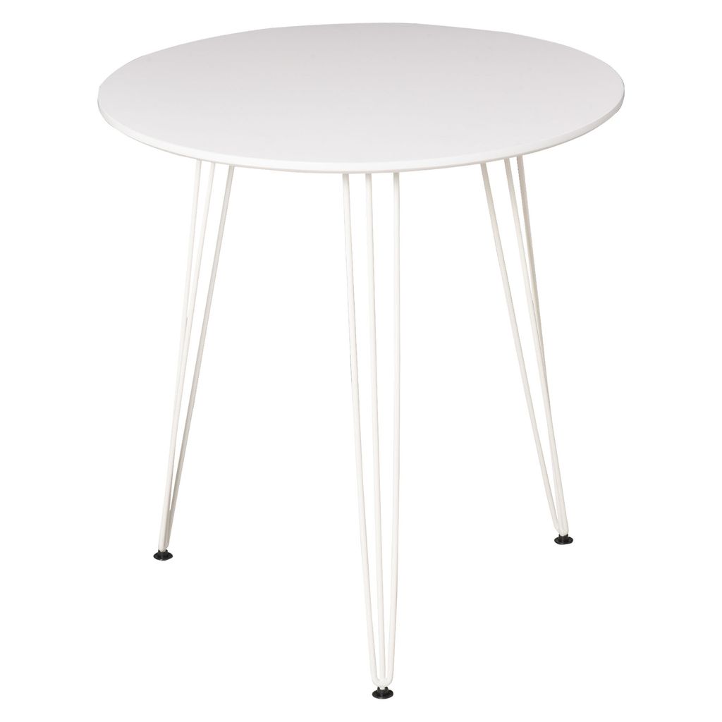 A round white table with three white metal legs on a white background.