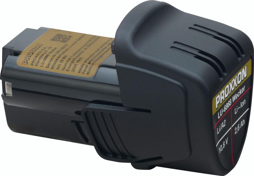 A close-up studio shot of a Proxxon battery pack for a power tool.