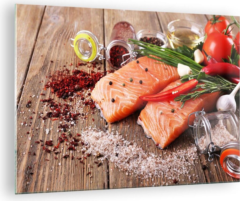 Bilder auf glas - Lachs Fisch Essen Küche - 70x50cm - Glasbilder - Wandbilder - Kunstdruck - zum Aufhängen bereit - Wanddekoration aus Glas - Gla...