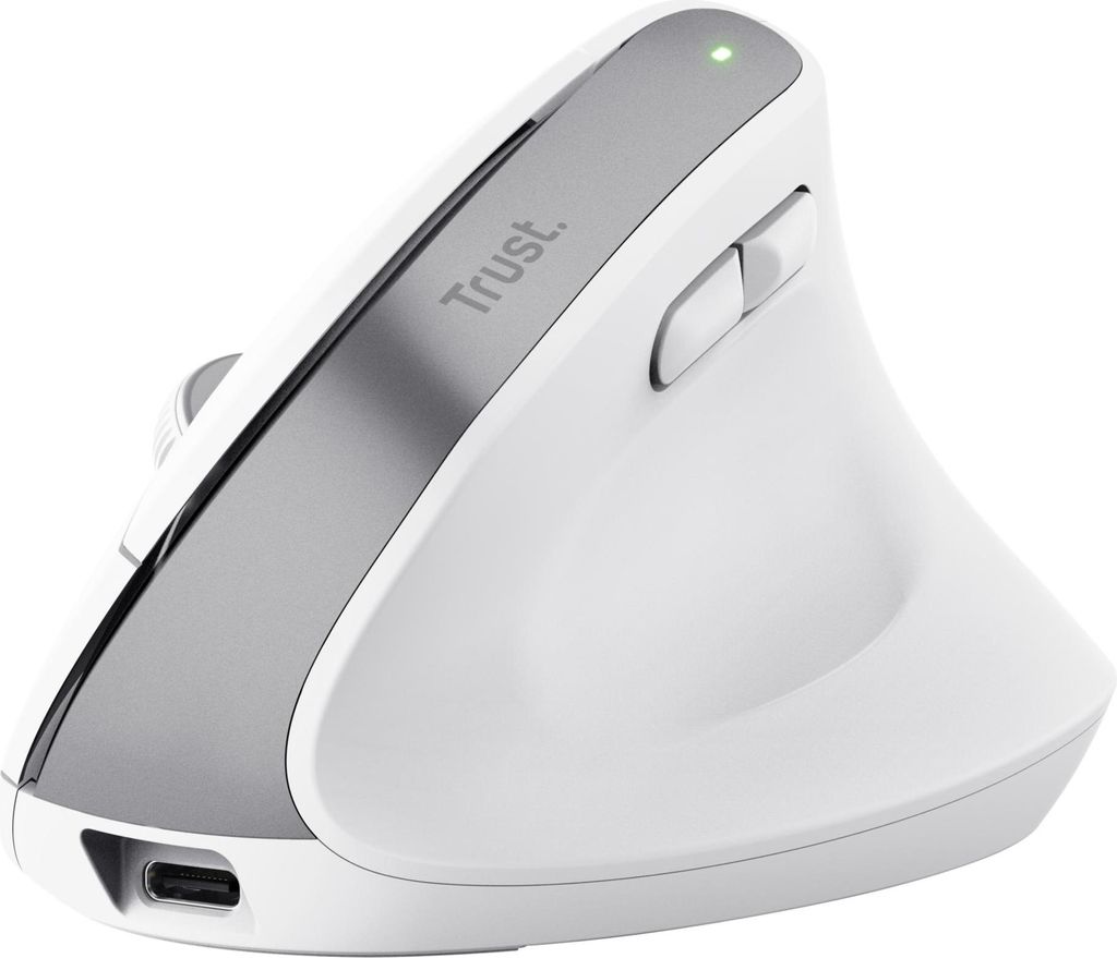 A white and gray vertical mouse is shown against a white background.