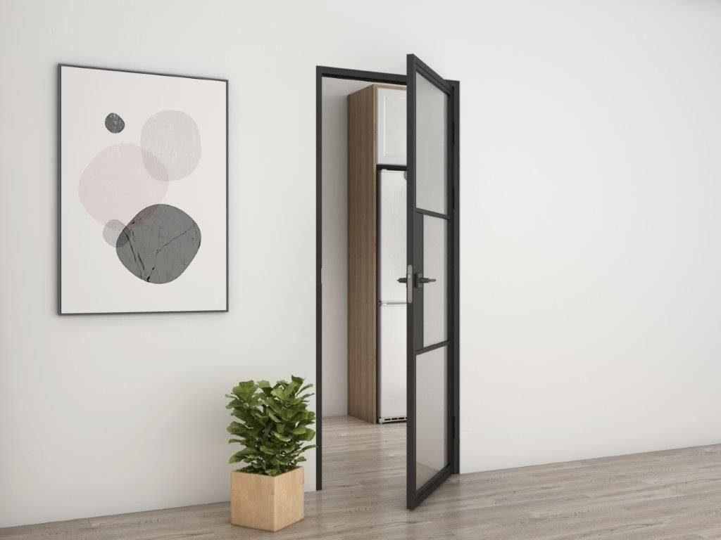 schwarz gerahmte Glas-Zimmertür in modernem, hellem Wohnraum, Türanschlag rechts