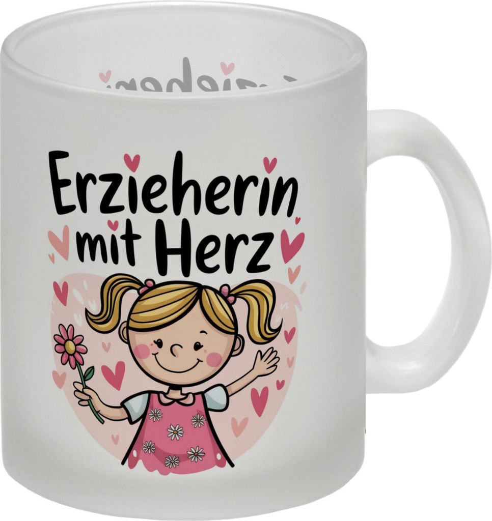 Fröhliches Cartoon-Mädchen - Erzieherin mit Herz Glas Tasse