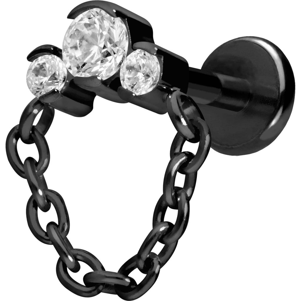 Ohrpiercing, Nasenpiercing Titan Labret mit Push Fit 3 EINGEFASSTE KRISTALLE + KETTE Schwarz Stablänge: 7mm | Stabstärke: 1mm