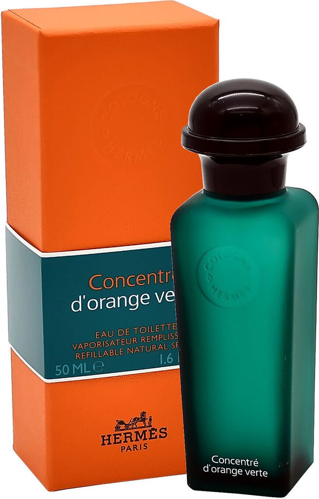 A product shot of Hermes Eau D'Orange Verte perfume bottle and its packaging.