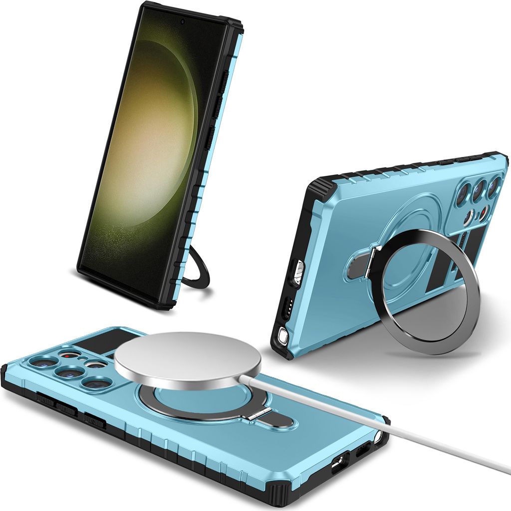 Für Samsung Galaxy S23 Ultra Hülle Magsafe Magnetisch Ring Ständer Schutzhülle, Dual Layer Handyhülle Hellblau