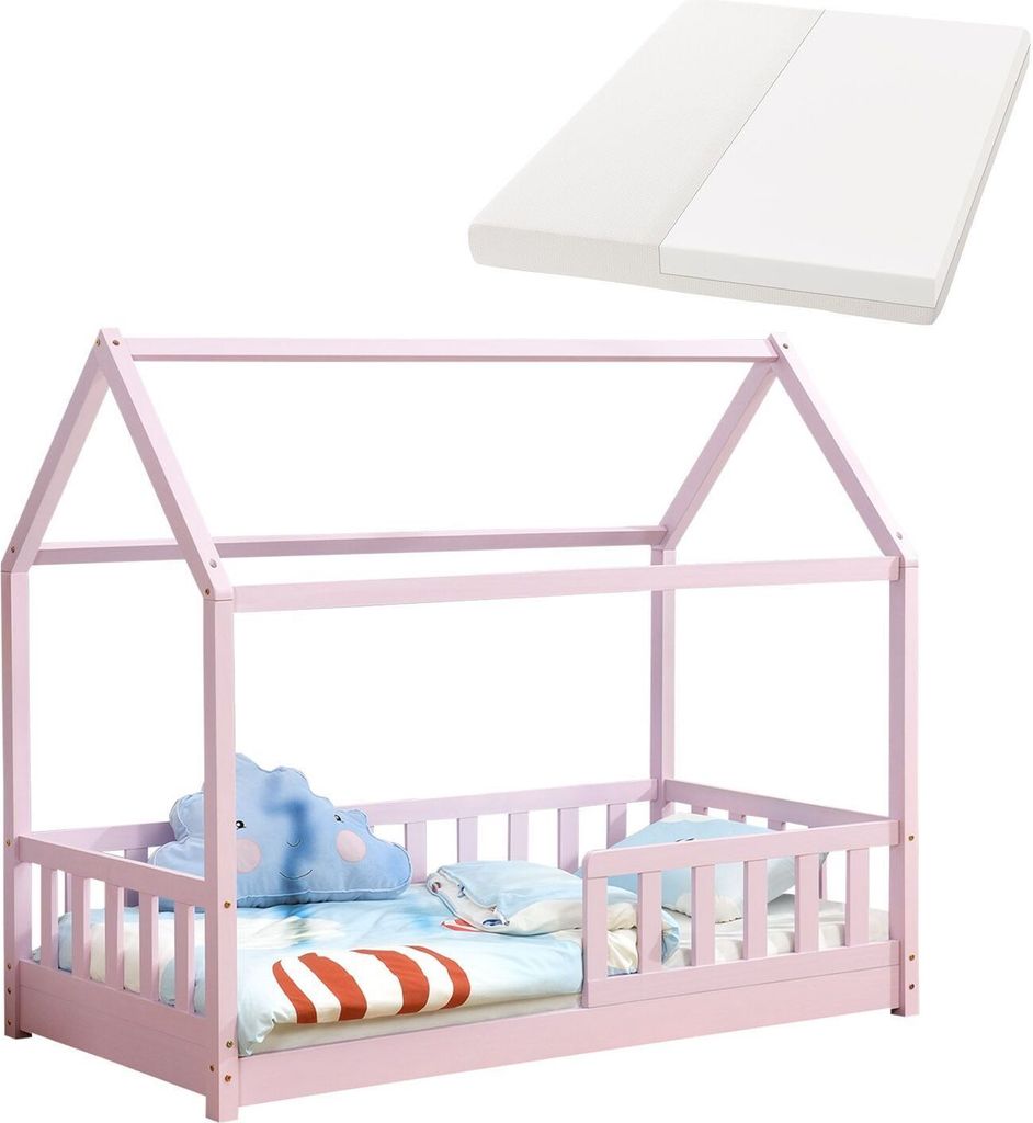 Juskys Kinderbett Marli 80 x 160 cm mit Matratze, Lattenrost & Dach - Holz Rosa