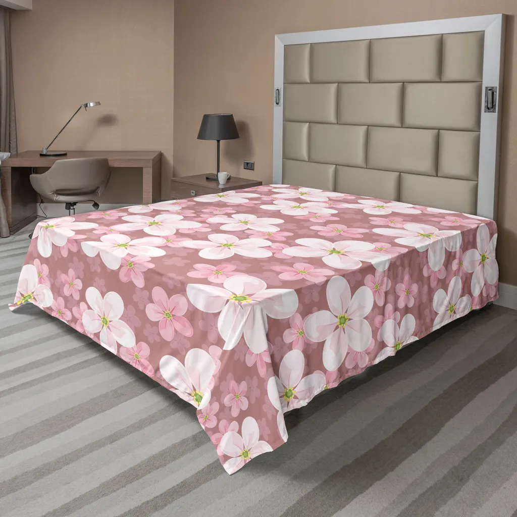 Drap plat à fleurs cerisier Sakura 244x205cm en tissu doux rose et blanc