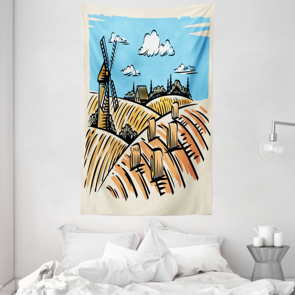 ABAKUHAUS Landschaft Wandteppich und Tagesdecke, Windmillnd Heuballen aus Weiches Mikrofaser Stoff Waschbar ohne Verblassen Digitaldruck, 140 x 230...