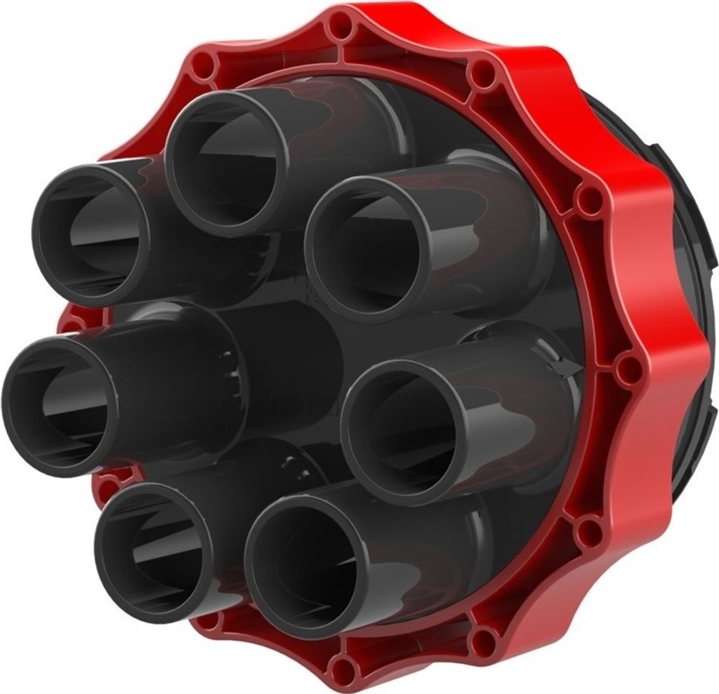 A product shot of a red and black manifold with multiple tubes.