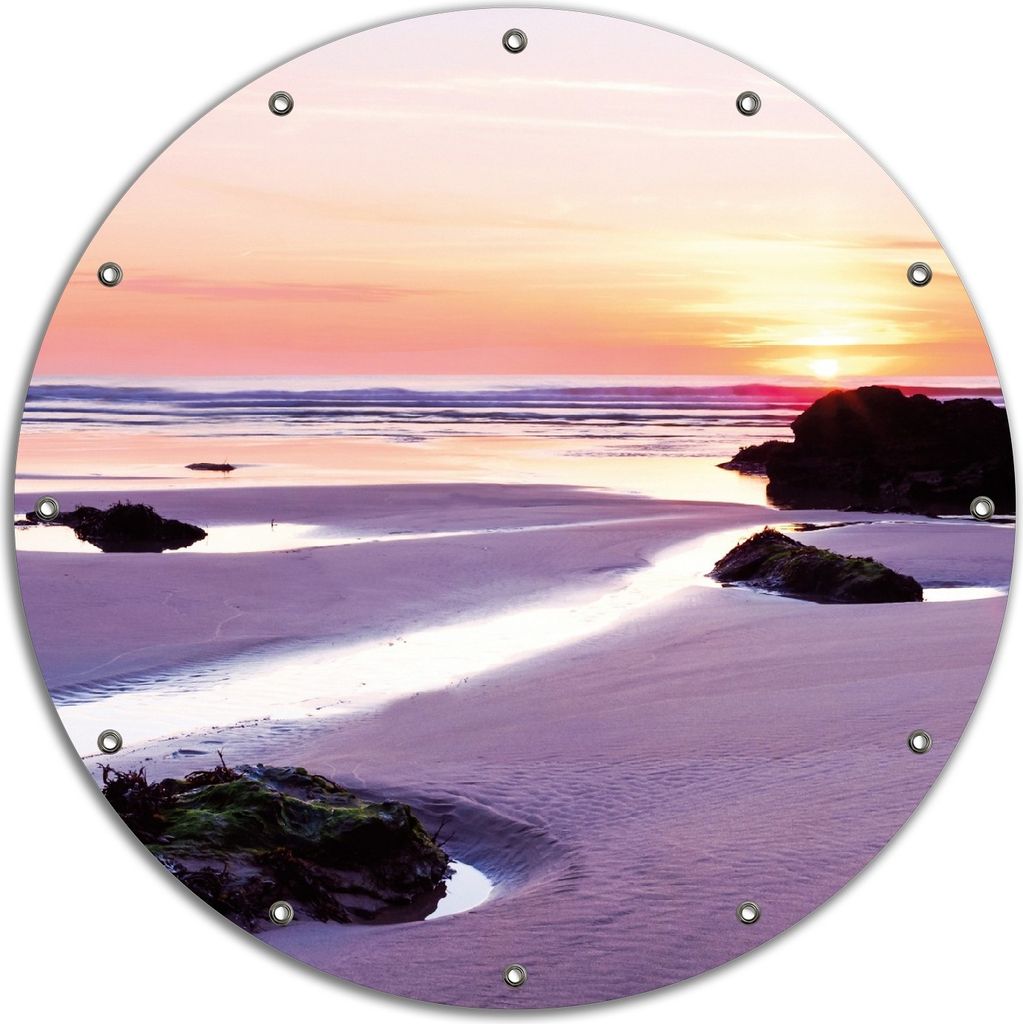 Wallario rundes Outdoor-Poster für Garten oder Balkon, Motiv Sonnenuntergang am einsamen Strand, 90 cm Durchmesser