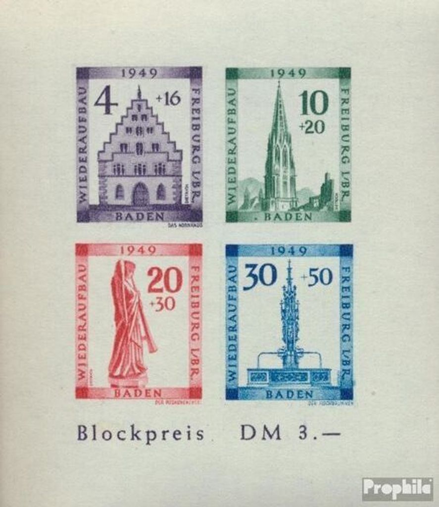 Briefmarken Franz. Zone-Baden 1949 Mi Block1B IV (kompl.Ausg.) Farbpunkt neben B von BADEN postfrisch Freiburg