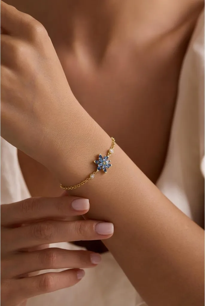 Bracelet argent 925 anti-allergie fleur de lotus aigue-marine sertie