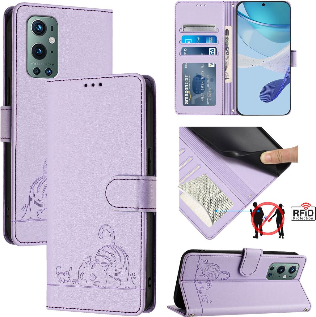Leder Hülle für OnePlus 9 Pro Süße Katze Flip Case Brieftasche Schutzhülle mit Standfunktion Lila