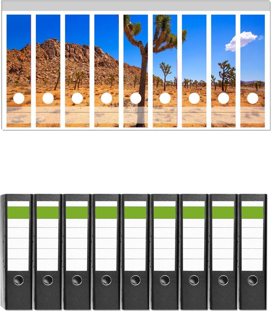Wallario 9 Stück breite Ordner inkl. Klebeetiketten mit Motive Palmlilie im Nationalpark Yucca Valley Wüstenlandschaft - Set mit Rückenschilde...