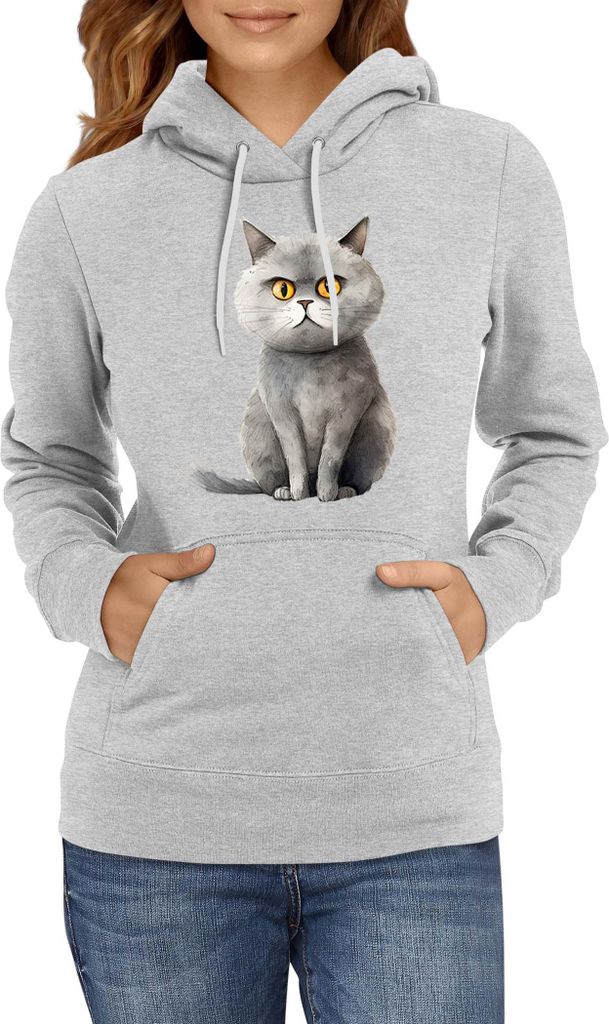 Damen Kapuzenpullover Funny Cats Breeds British Shorthair Cat 017, Lady L / Grau