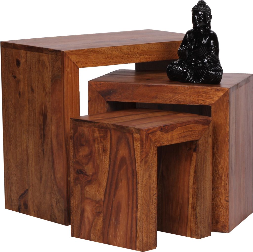 WOHNLING 3er Set Satztisch Massiv-Holz Sheesham Wohnzimmer-Tisch Landhaus-Stil Beistelltisch dunkel-braun Naturholz