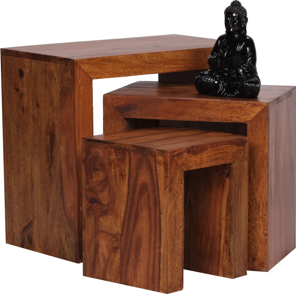 Set 3 Tables d'Appoint en Bois de Sheesham Massif avec Veinures Uniques