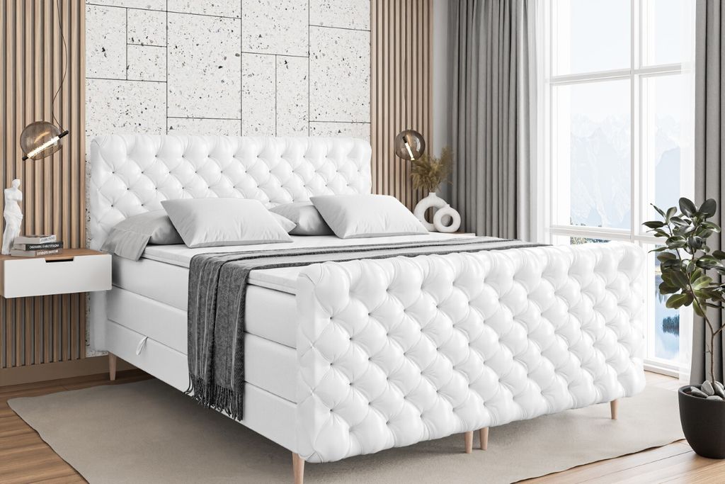 ALTDECOR Boxspringbett mit Holz Füßen, Matratze und Lattenrost, Topper, Fußteil, Polsterbett mit Bettkasten, Bett mit Stauraum H3- und H4- Matra...