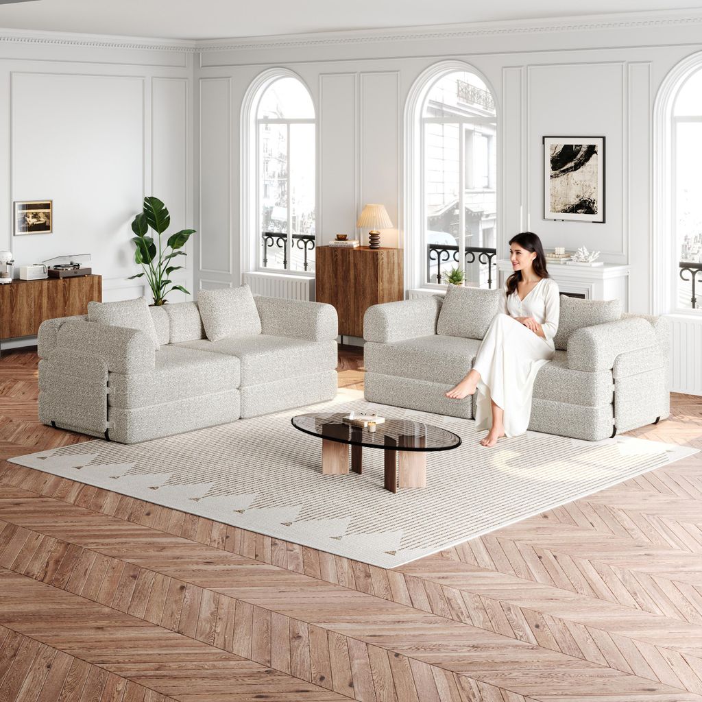 1-Sitzer Chenille Schlafsofa 2-in-1 Modulare Couch mit Bettfunktion Lounge-Set Sofa mit Staufach und Stahlrahmen stabile Konstruktion