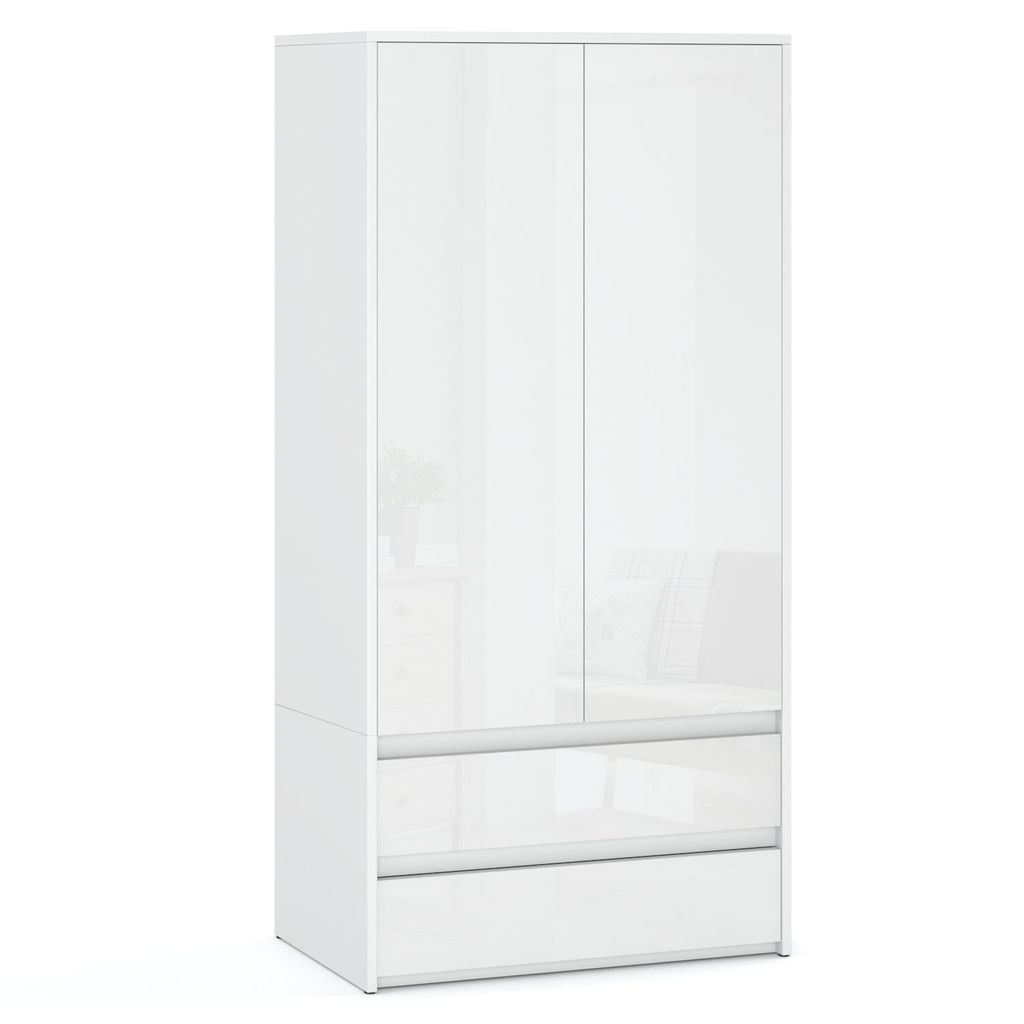 STIV Möbel | Kleiderschrank Weiß Matt/Hochglanz 90x50x180 cm | 2 Türen & 2 Schubladen | Modern & glänzend