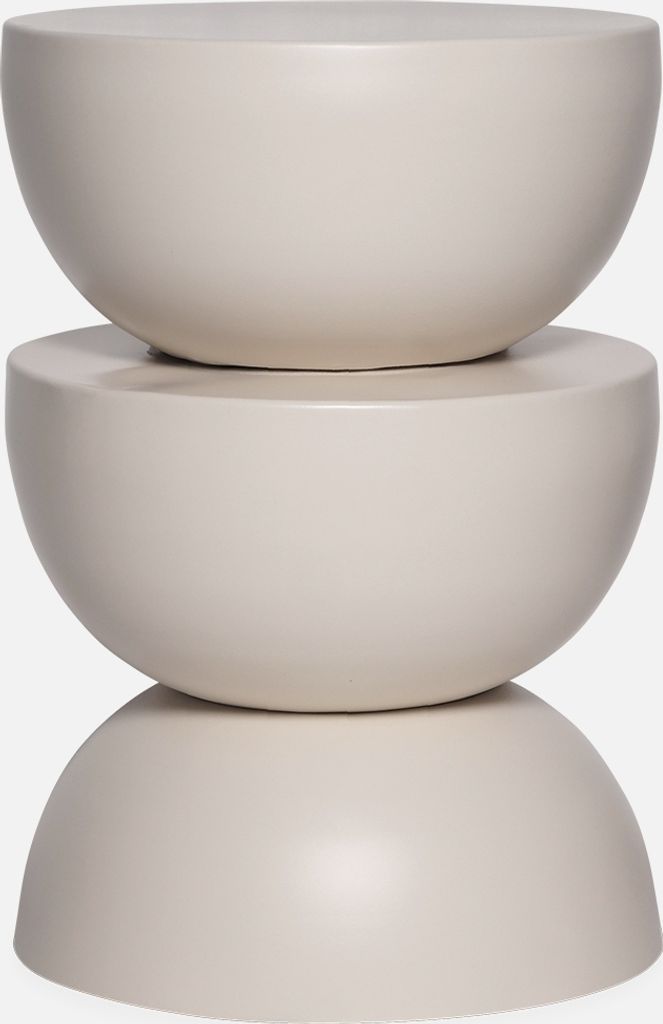 A stack of three rounded objects, resembling bowls or tables, in a creme color against a light gray background.