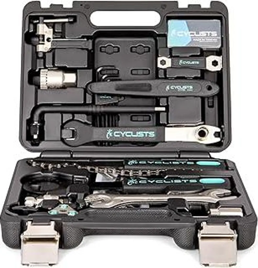 Kit di riparazione per biciclette, set di attrezzi portatile per riparazioni di pneumatici e catene, attrezzi per biciclette con valigetta di trasporto