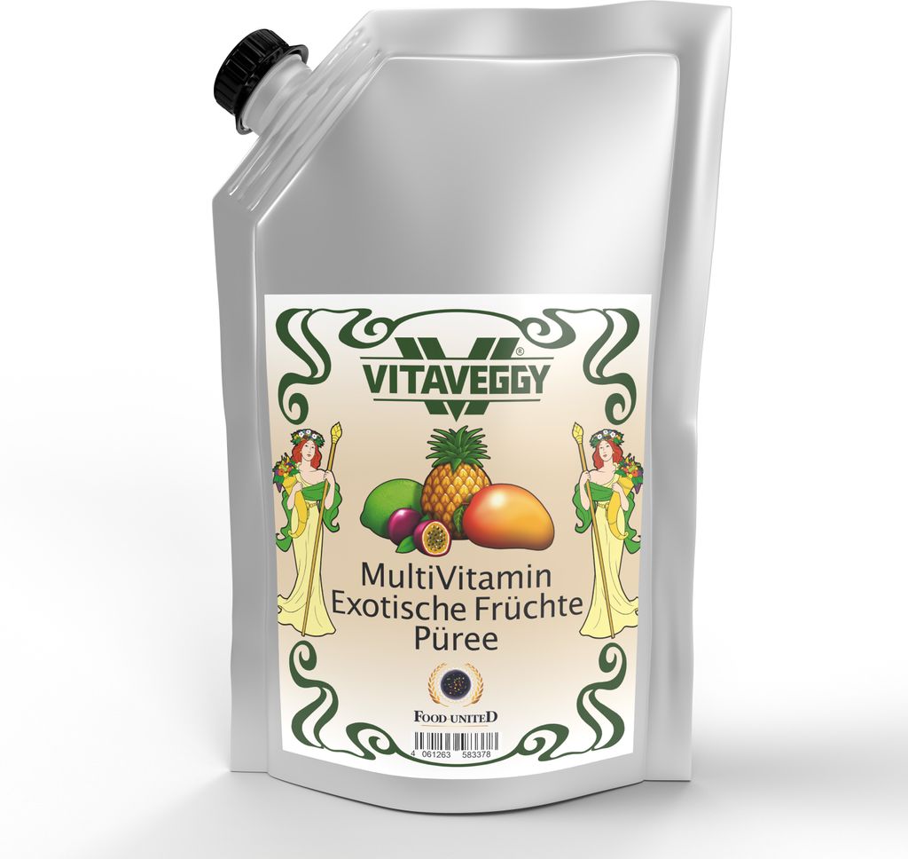 VITAVEGGY MultiVitamin Fruchtpüree 1kg für Babybrei Obstbrei Fruchtmus Exotisch-Tropische Früchte mit Ananas Mango Passionsfrucht Maracuja Limet...