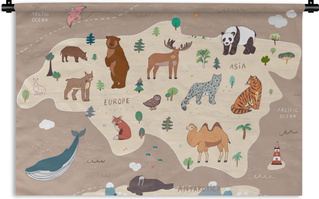 MuchoWow Wandteppich Wandbehang Weltkarte - Braun - Tiere - Jungen - Mädchen 90x60 cm Tapisserie Dekoration Wandtuch - Wandskulpturen - Bildteppich