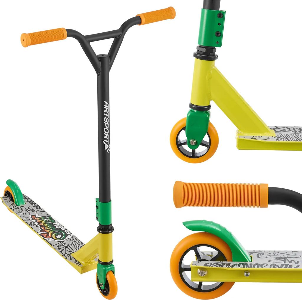 ArtSport Stunt Scooter Street Life - Trick Roller für Kinder & Jugendliche - 360° Lenker, 100 mm Alu Räder - Tretroller Schwarz Gelb Orange