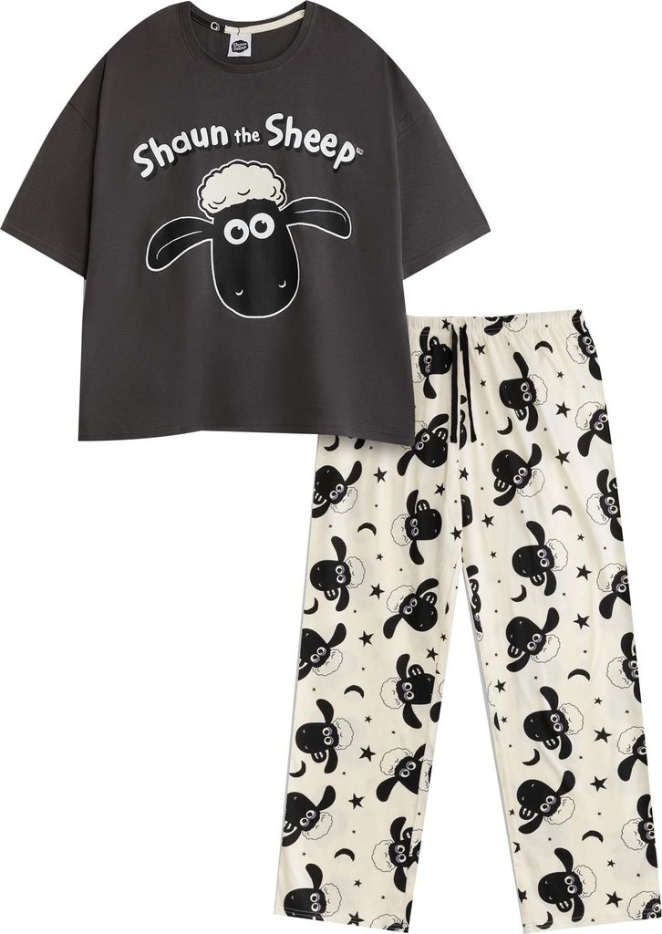 Shaun the Sheep - Schlafanzug mit langer Hose für Damen, kurzärmlig NS9292 (XL) (Grau/Weiß)