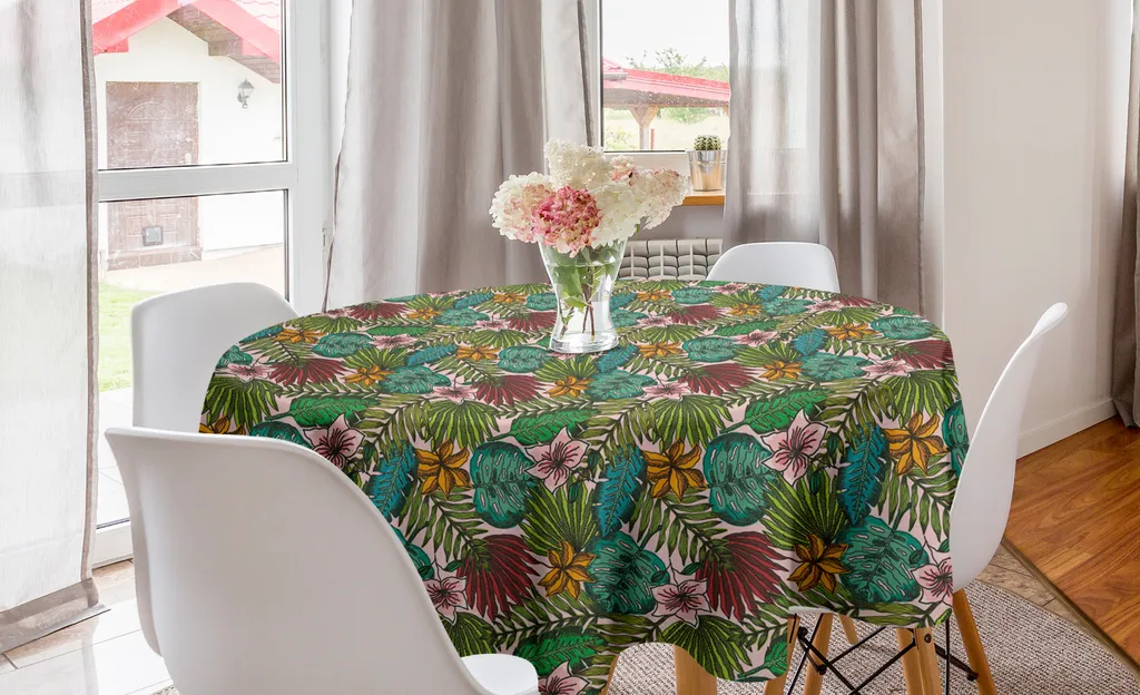 Tovaglia Rotonda ABAKUHAUS 150cm Wald Foglie Tropicali Rosa Baby