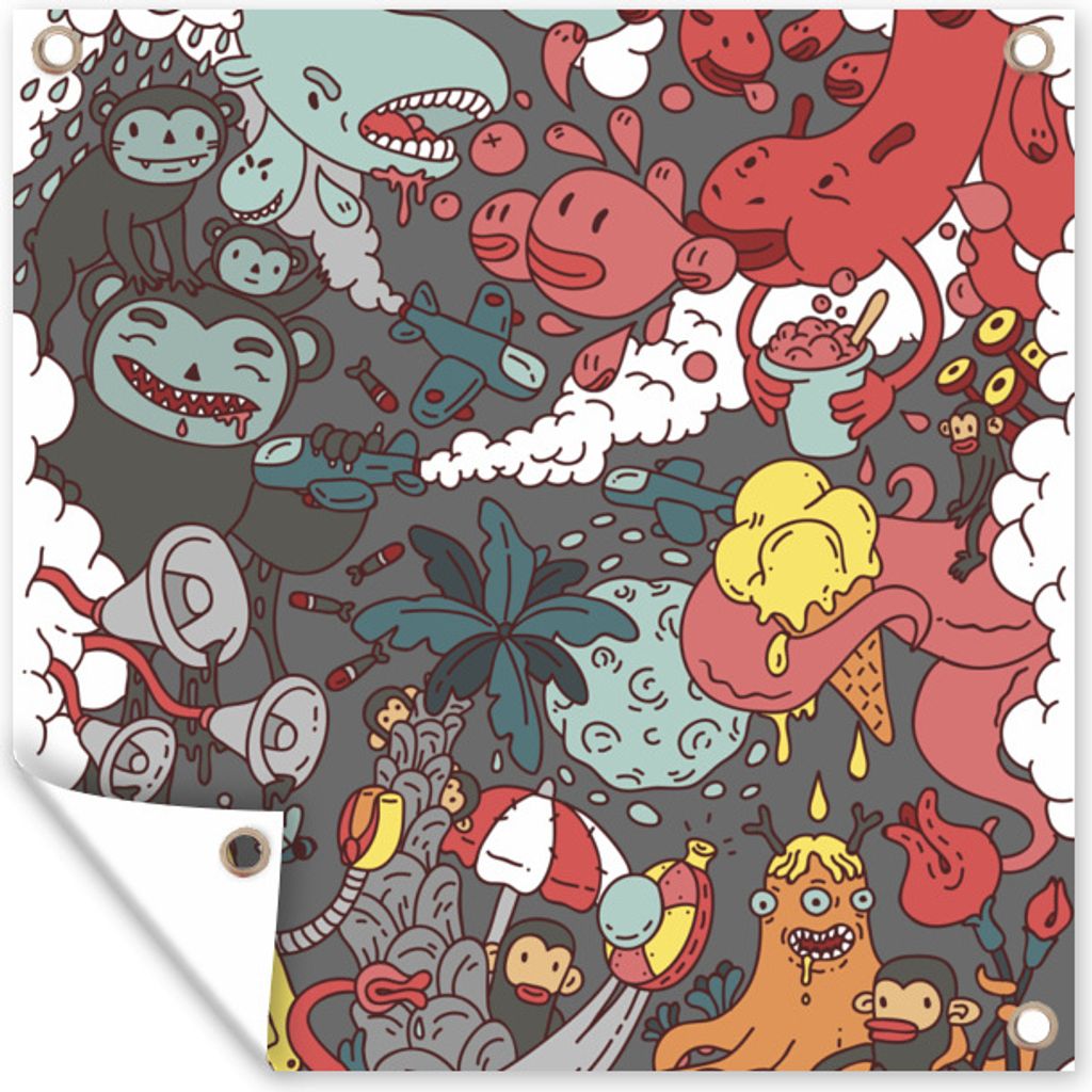 MuchoWow 50x50 cm Outdoor-Poster Gartendeko Sichtschutz Garten Poster für den Garten Illustration von verspielten Monstern