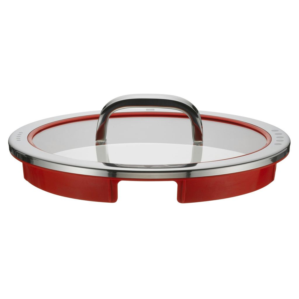 A close-up, studio shot of a red glass pot lid with a silver handle, presented against a white background.