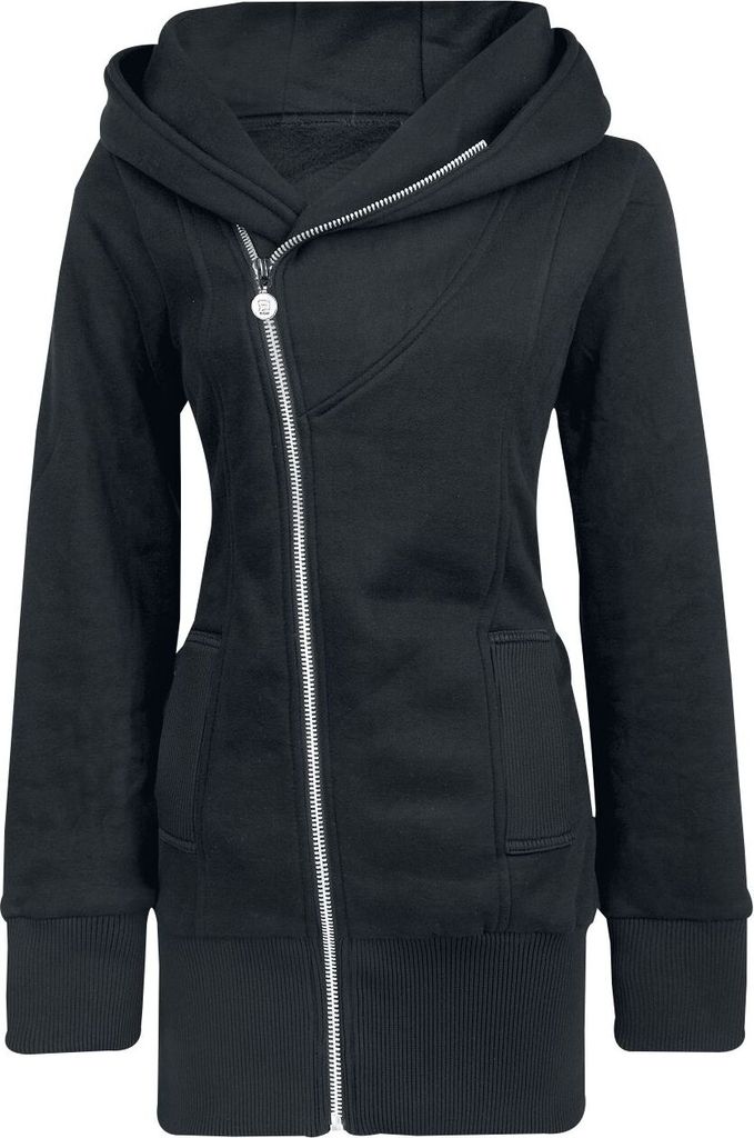 RED by EMP Damen schwarze lange Sweatjacke mit asymmetrischem Reißverschluss, großer Kapuze und Einschubtaschen M