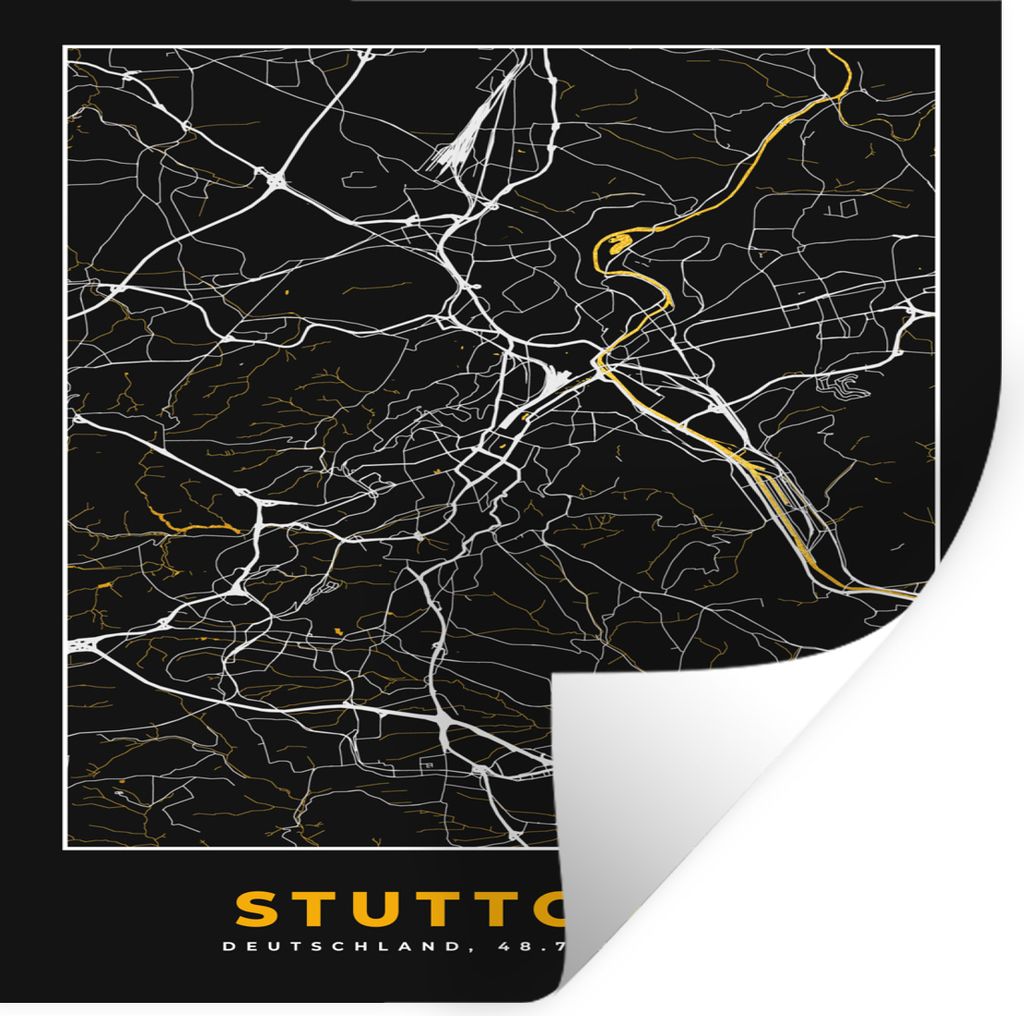 MuchoWow Wandtattoo Wandsticker Wandaufkleber Stuttgart - Gold - Karte - Stadtplan - Deutschland 50x50 cm Selbstklebend und Repositionierbar - Se...