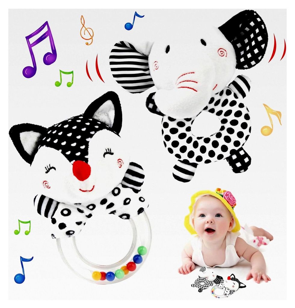 Schwarz-Weiß Spielzeug für 0-12 Monate, Greifling mit Rassel- und Quietscherfunktion, ideal für Babys und Kleinkinder, Rassel-Hantel als Geschenk
