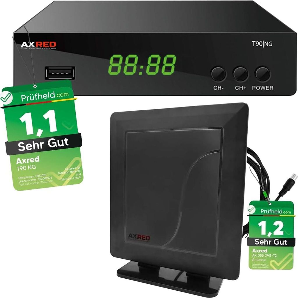 AXRED T90 HD DVBT2 Receiver + AX055 DVB-T/DVB-T2 Antenne mit Verstärker 30dBi für innen, mit PVR Aufnahmefunktion, für DVB T2 TV Fernseher Radio...